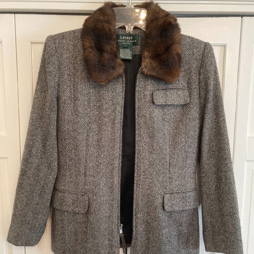 This jacket is stunning.  Ralph Lauren 2 petite. Dark grey, green tweed.